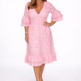 Eyelet Lace Midi Dress with V-Neck and Ruffle Sleeves