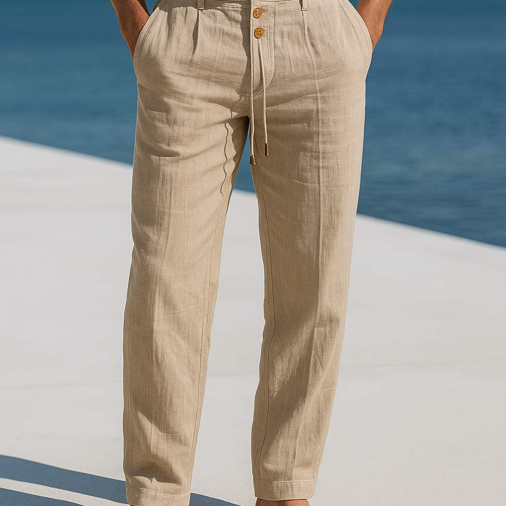 Linen Tapered Trousers with Drawstring Waist and Button Front