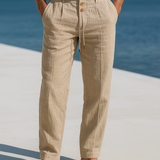 Linen Tapered Trousers with Drawstring Waist and Button Front