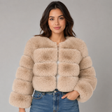 Cropped Faux Fur Jacket with Round Neck