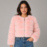 Cropped Faux Fur Jacket with Round Neck
