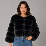 Cropped Faux Fur Jacket with Round Neck