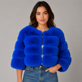 Cropped Faux Fur Jacket with Round Neck