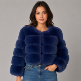 Cropped Faux Fur Jacket with Round Neck