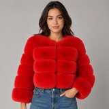 Cropped Faux Fur Jacket with Round Neck