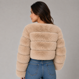 Cropped Faux Fur Jacket with Round Neck