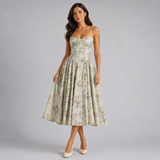 Corset Midi Dress with Sweetheart Neckline and Spaghetti Straps