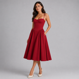 Corset Midi Dress with Sweetheart Neckline and Spaghetti Straps