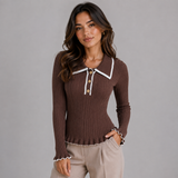 Ribbed Knit Sweater with Contrast Trim and Ruffle Hem