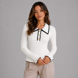 Ribbed Knit Sweater with Contrast Trim and Ruffle Hem