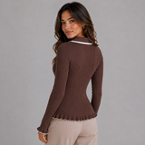 Ribbed Knit Sweater with Contrast Trim and Ruffle Hem