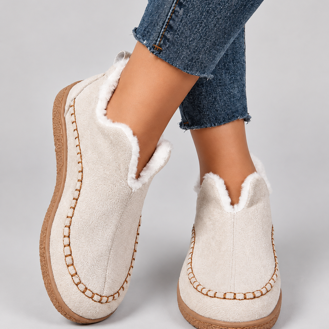 Faux Fur Lined Slip-On Ankle Boots with Round Toe