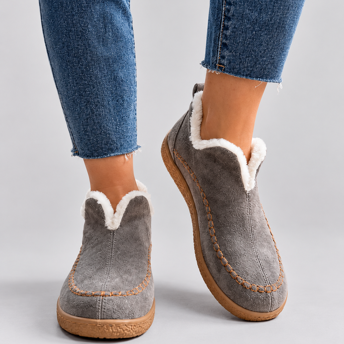 Faux Fur Lined Slip-On Ankle Boots with Round Toe
