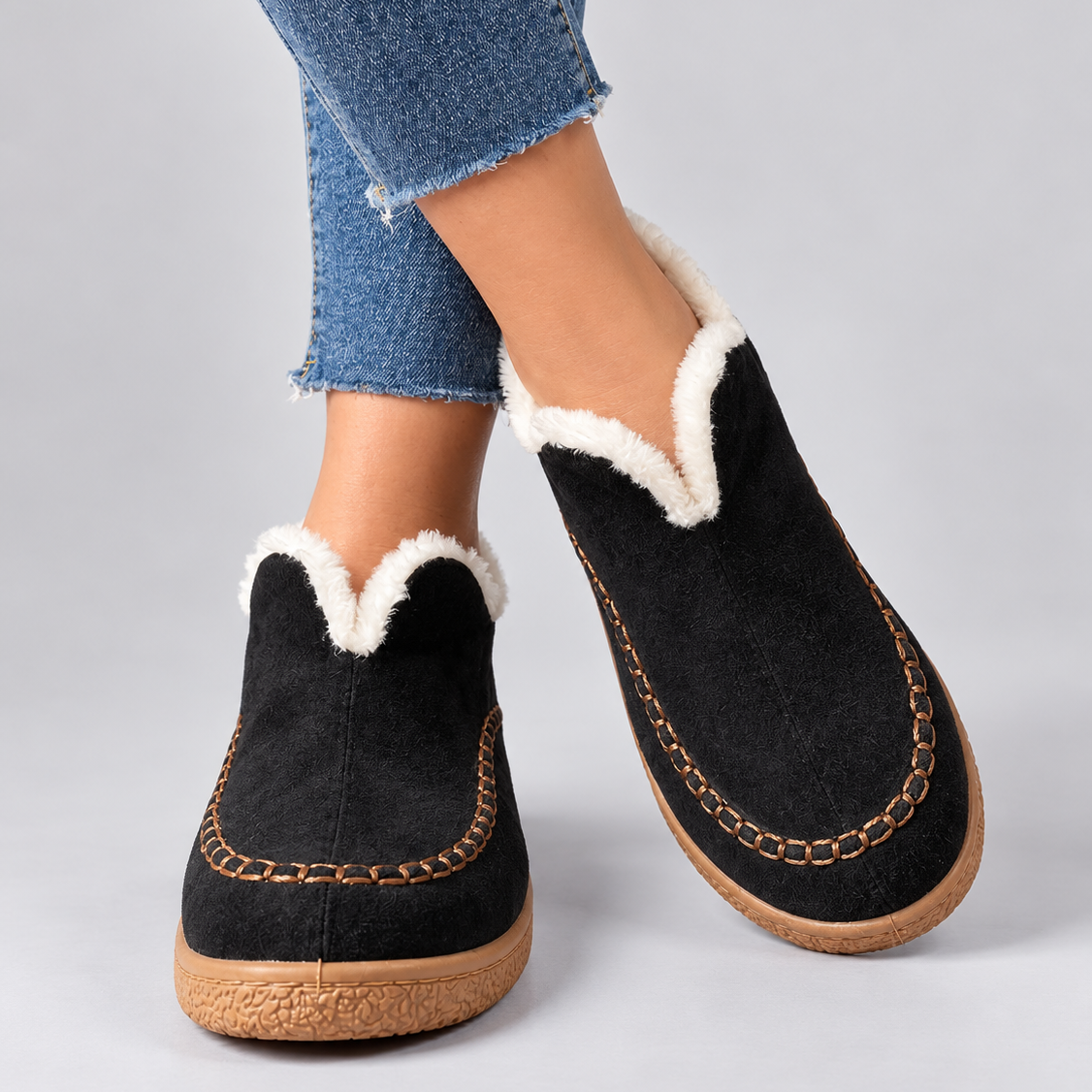 Faux Fur Lined Slip-On Ankle Boots with Round Toe