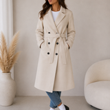 Double-Breasted Belted Longline Coat with Notched Lapel