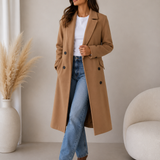 Double-Breasted Belted Longline Coat with Notched Lapel