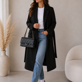 Double-Breasted Belted Longline Coat with Notched Lapel