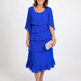 Tiered Ruffle Midi Dress with Cape Sleeves and Round Neck
