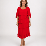 Tiered Ruffle Midi Dress with Cape Sleeves and Round Neck