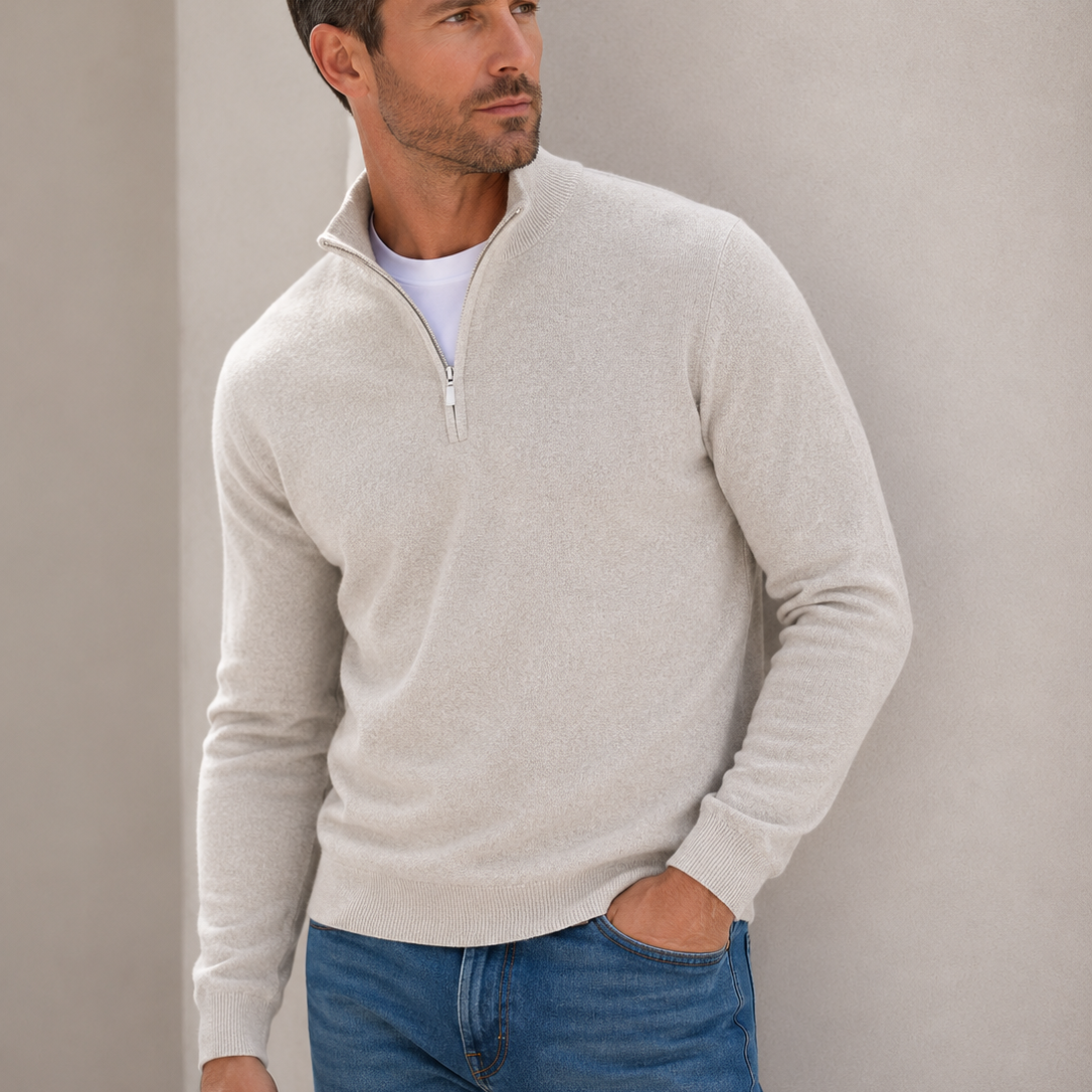 Quarter-Zip Wool-Blend Sweater with Mock Neck