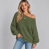 Ribbed Off-Shoulder Sweater with Balloon Sleeve