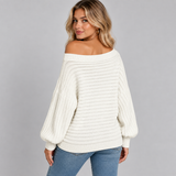 Ribbed Off-Shoulder Sweater with Balloon Sleeve