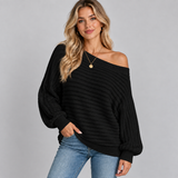 Ribbed Off-Shoulder Sweater with Balloon Sleeve