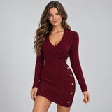 Cable Knit Bodycon Mini Sweater Dress with V-Neck