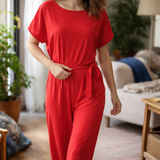 Belted Jumpsuit with Round Neck and Short Sleeves