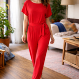 Belted Jumpsuit with Round Neck and Short Sleeves