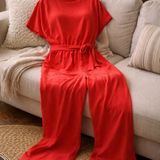 Belted Jumpsuit with Round Neck and Short Sleeves