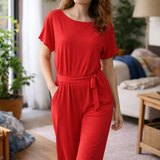 Belted Jumpsuit with Round Neck and Short Sleeves