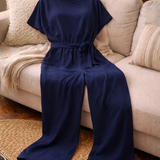 Belted Jumpsuit with Round Neck and Short Sleeves