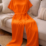 Belted Jumpsuit with Round Neck and Short Sleeves