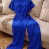 Belted Jumpsuit with Round Neck and Short Sleeves
