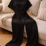 Belted Jumpsuit with Round Neck and Short Sleeves