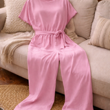 Belted Jumpsuit with Round Neck and Short Sleeves