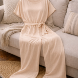 Belted Jumpsuit with Round Neck and Short Sleeves