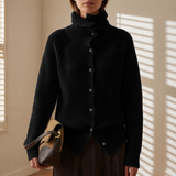 Funnel Neck Ribbed Cardigan with Button Front