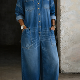 Wide-Leg Denim Jumpsuit with Buckle Straps and Button Front