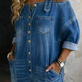 Wide-Leg Denim Jumpsuit with Buckle Straps and Button Front