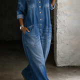 Wide-Leg Denim Jumpsuit with Buckle Straps and Button Front