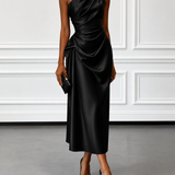 One-Shoulder Draped Satin Midi Dress with Ruched Waist