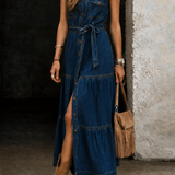Belted Denim Maxi Dress with Button Front and Tiered Skirt
