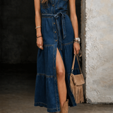 Belted Denim Maxi Dress with Button Front and Tiered Skirt