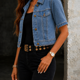 Cropped Denim Jacket with Short Sleeves and Flap Pockets