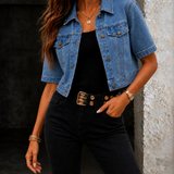 Cropped Denim Jacket with Short Sleeves and Flap Pockets