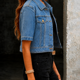 Cropped Denim Jacket with Short Sleeves and Flap Pockets