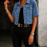 Cropped Denim Jacket with Short Sleeves and Flap Pockets