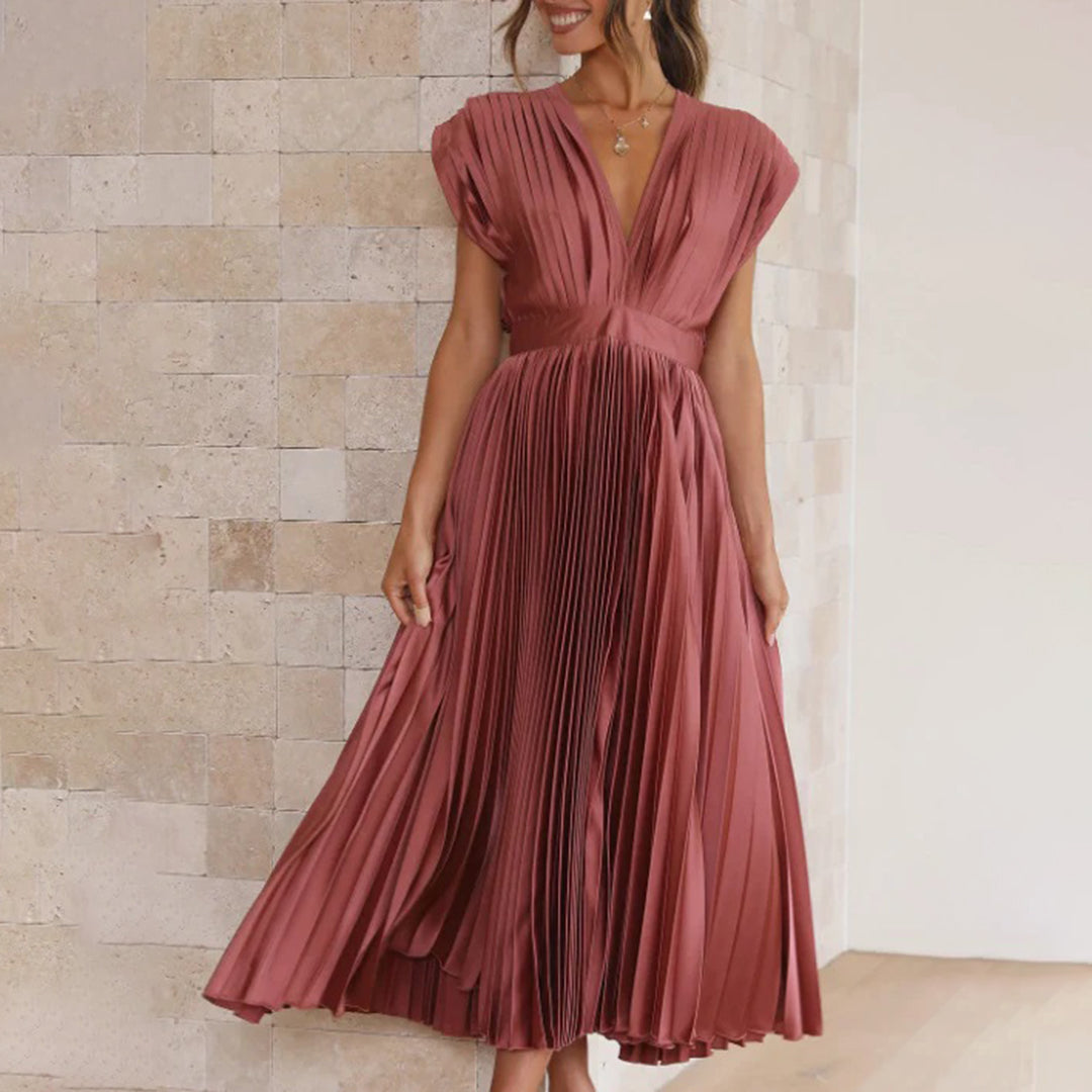 Satin Pleated Flare Midi Dress with Cap Sleeves